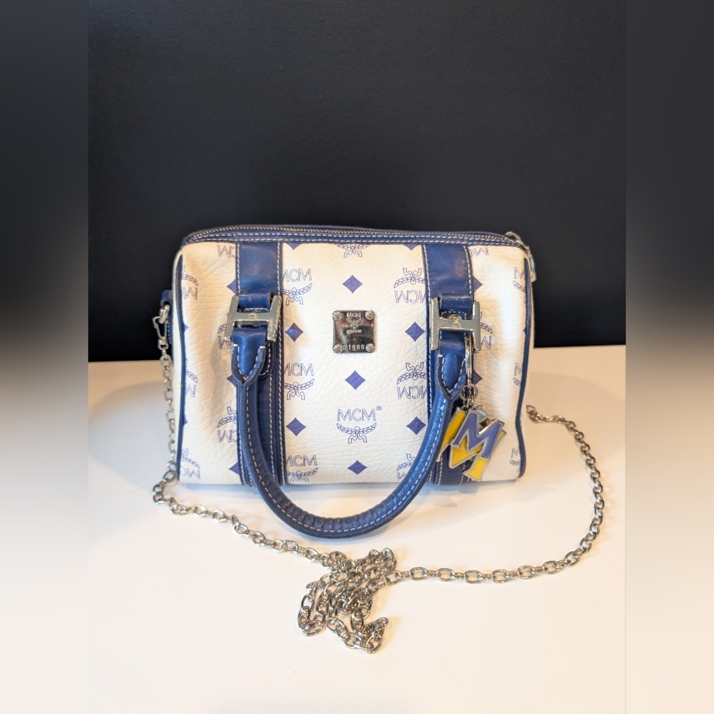 Authentic MCM Visetos Boston Satchel in Blue and White